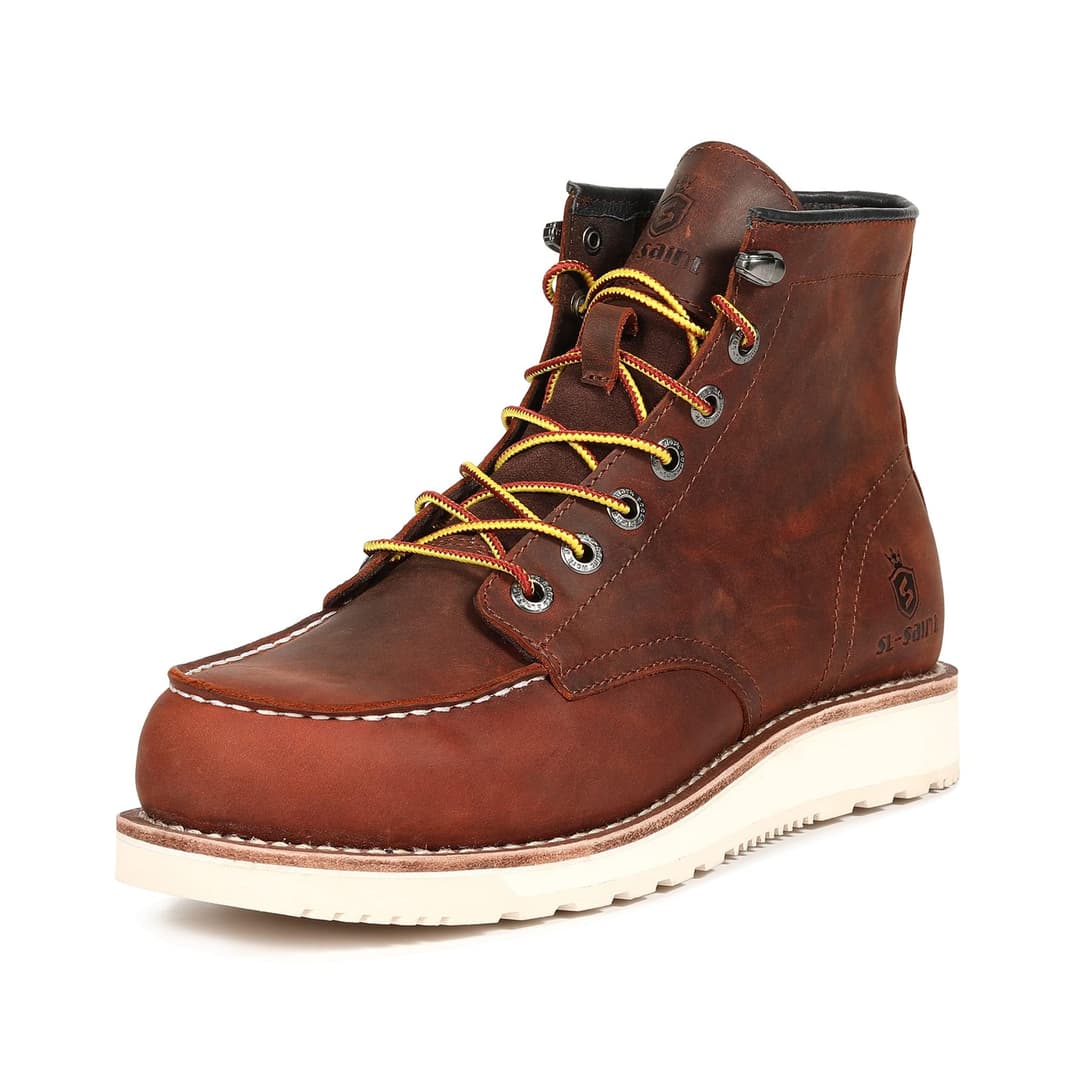 SL-Saint Men’s Work Boots Soft Moc Toe Classic Ankle Fashion Casual 6'' Wedge Industrial Construction Shoes Brown/Black (Wedge Sole, Brown, Adult, Men, 8.5, Numeric, UK Footwear Size System, Wide)