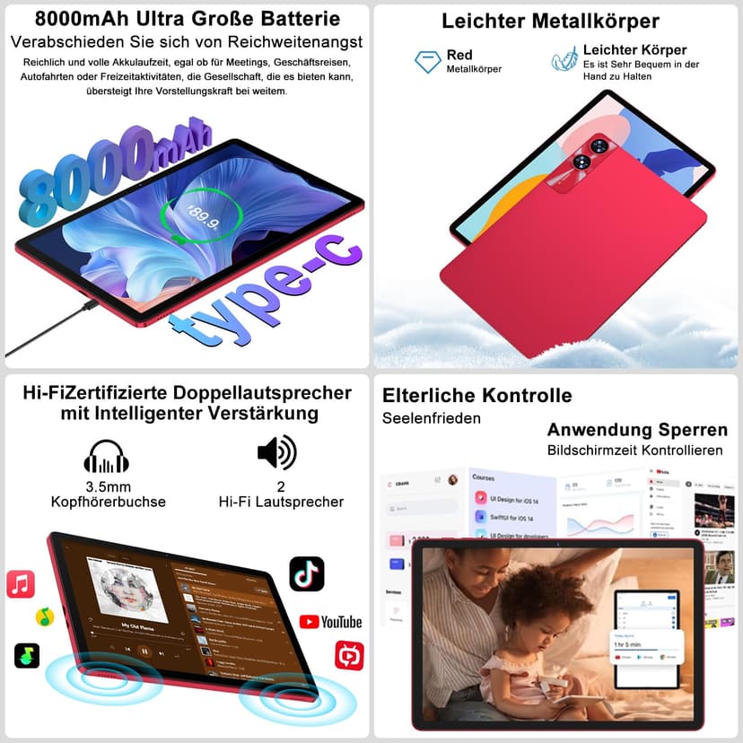 U7 11 Inch Android 14 Tablet with 24GB RAM, 256GB ROM, TF 1TB, Octa-Core 2.0 GHz, 5G WiFi, Bluetooth 5.0, Widevine L1, 5MP + 13MP, 8000mAh, Face Detection, GPS, Red - 7