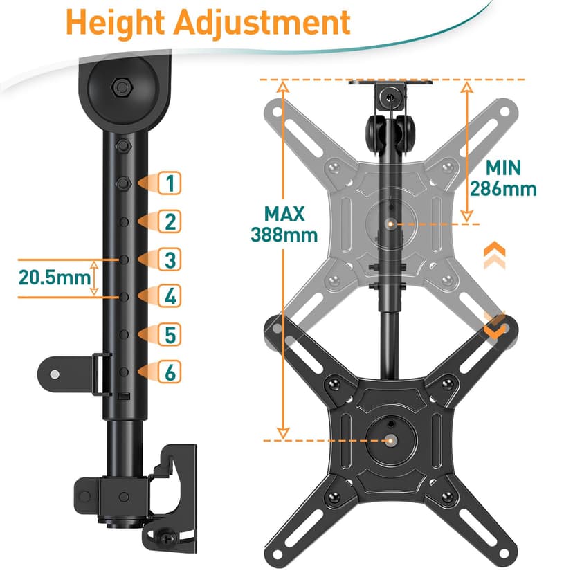 ELIVED Flip Down Ceiling TV Mount Fits 14-42 Inch LCD TV/Monitor Screens up to 10KG, Height Adjustable Full Motion TV Bracket for Flat/Pitched Roof/Cabinet, Max VESA 200x200mm, EV3030 - 3