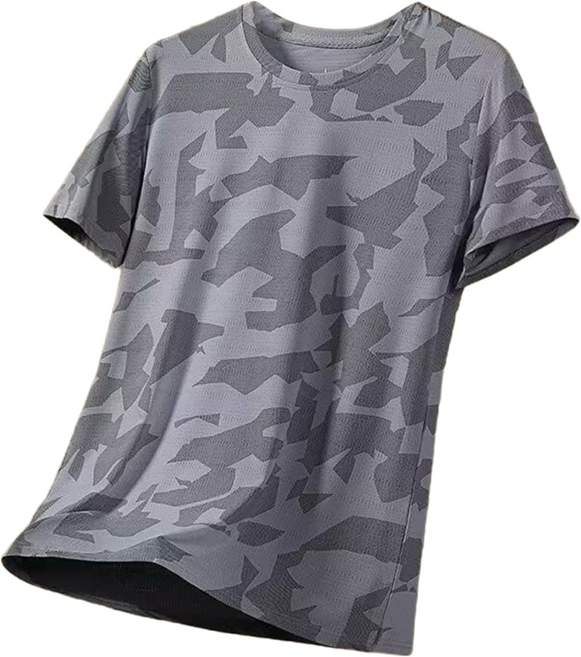 Camouflage Shirts for Men Adult Crew Neck Camo Short Sleeve Mesh Breathable Quick Dry Sports Fitness Workout Tees Plus Size, Grey, 5XL - 1