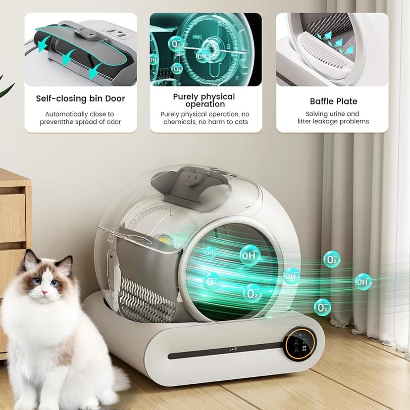 Self Cleaning Cat Litter Tray, Automatic Cat Litter Tray with App Control, Large Capacity, Self Cleaning Litter Box For Multiple Cats, Odourless, Safety Protection - 6