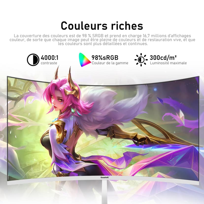Gawfolk Écran PC 27 Pouces incurvé 280Hz Gaming Computer Moniteur, 1800R,1ms,FHD 1080p, 178 ° Grand Angle,Ultra - Mince Lunette, HDMI、DisplayPort,Compatible avec Montage Mural 100 * 100mm- Blanc - 5