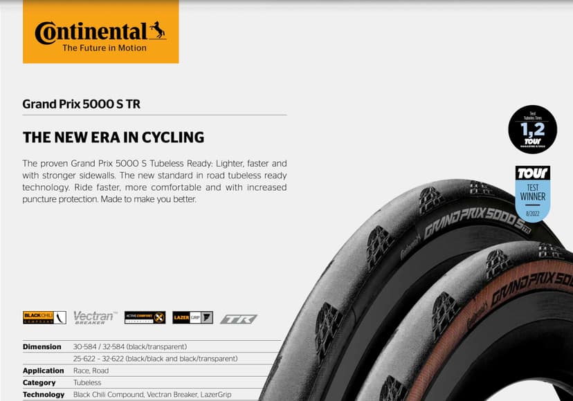 Continental - Continental 25-622 Grand Prix 5000s TR (700 x 25c) Pneu à Peau Pliable Noire - 1 pièce, Noir - 6