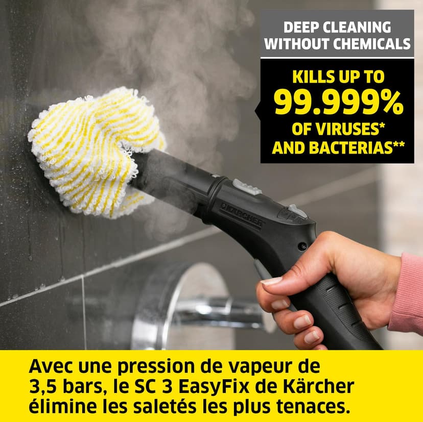 Kärcher SC 3 EasyFix Steam Cleaner, Steam Pressure: Max. 3.5 Bar, Heating Time: 30 s, Power: 1,900 W, Surface Power: 75 m², Tank: 1 L, with Descaling Cartridge, Floor Cleaning Kit and Nozzles, White - 2