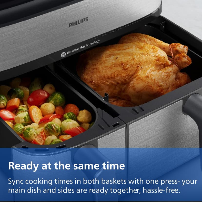 Philips Steam Airfryer 5000 Series Dual Basket - Airfryer & Steamer, 9 Litre, RapidAir Plus, 19 Cooking Functions, 90% Less Fat, 2 Baskets, Steam Cleaning, Silver (NA555/00) - 6