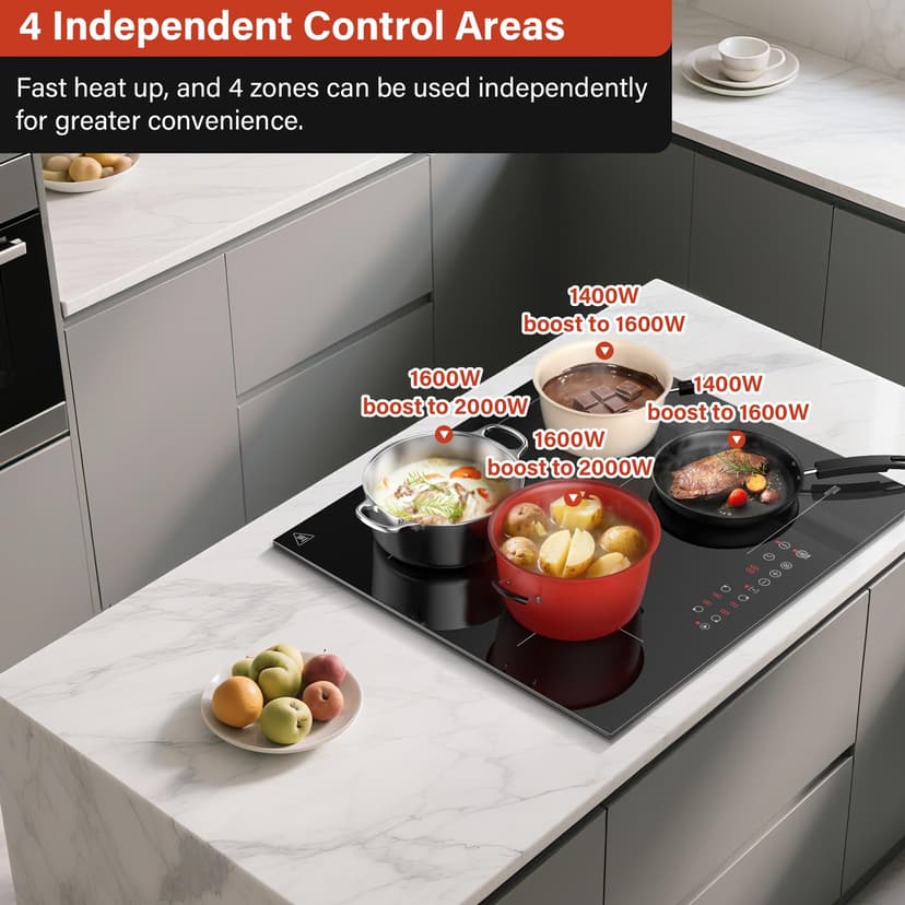 KICHPOWER Induction Hob 4 Zone with 1 Flexible Zone, Built-in Induction Hob 60 cm with Boost Function, Touch Control, 6000W, 9 Power Levels, 1-99 Min timer, Child Lock - 2
