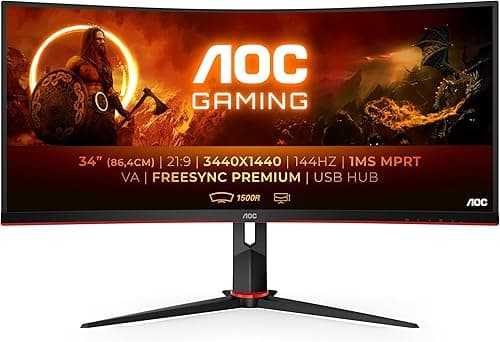 AOC Gaming CU34G2X - 34 inch WQHD Curved Monitor, 144Hz, 1ms MPRT, VA, AMD FreeSync, Height Adjust, USB Hub (3440x1440@ 144Hz, 300 cd/m², HDMI/DP/USB 3.0)