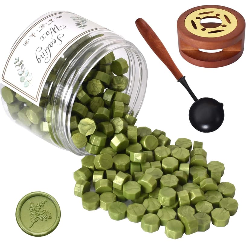 Perles de Cire à Cacheter, Cachet de Cire, 200 PCS Cire à Cacheter Octogonale avec Four et Cuillère, DIY pour Timbres D'étanchéité, Lettres, Enveloppes, Invitations, Cartes (Moutarde Vert) - 1