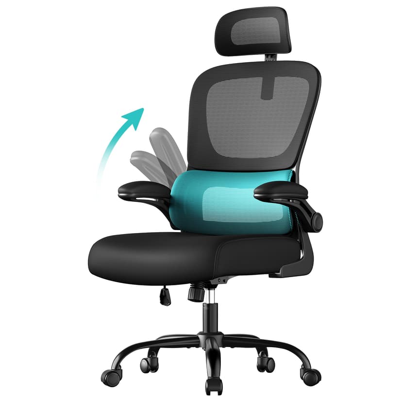 SONGMICS Office Chair, Ergonomic Mesh Chair for Desk, with Double-Layer Breathable Mesh Fabric, Dynamic Lumbar Support, Adjustable Headrest, for Home Office, Ink Black OBN041B01 - 1