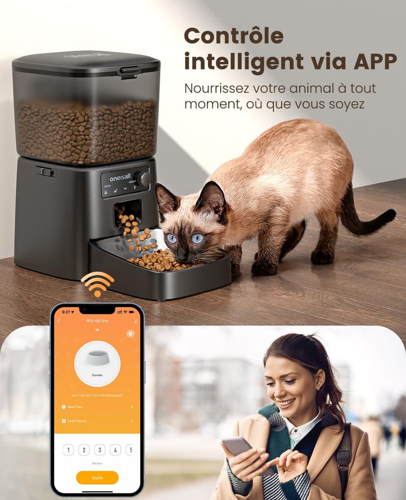 oneisall Distributeur Croquettes Chat Automatique, 3.5L Distributeur Croquettes Chat, Mangeoire de Nourriture, Gamelle Automatique pour Chien, 1-6 Repas par Jour (3.5L WiFi Noir) - 2