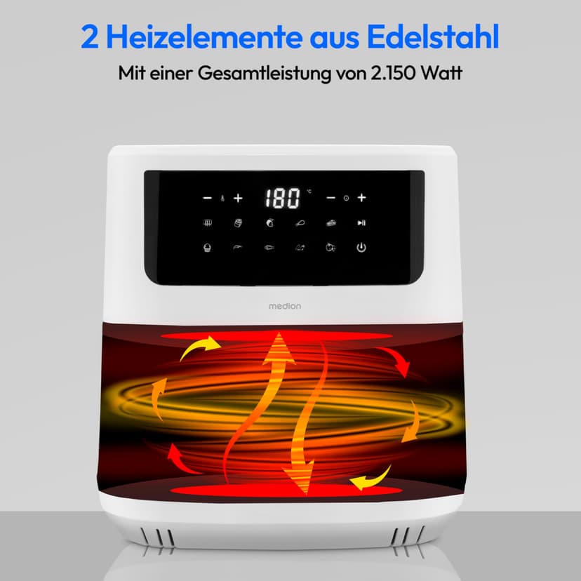 MEDION P10 XL Duo Hot Air Fryer (6.8 Litre XXL, Airfryer, 2,150 Watt, Two Stainless Steel Heating Elements, Shake Alarm, 9 Automatic Programmes, Touch Control Panel, LED Display), White - 3