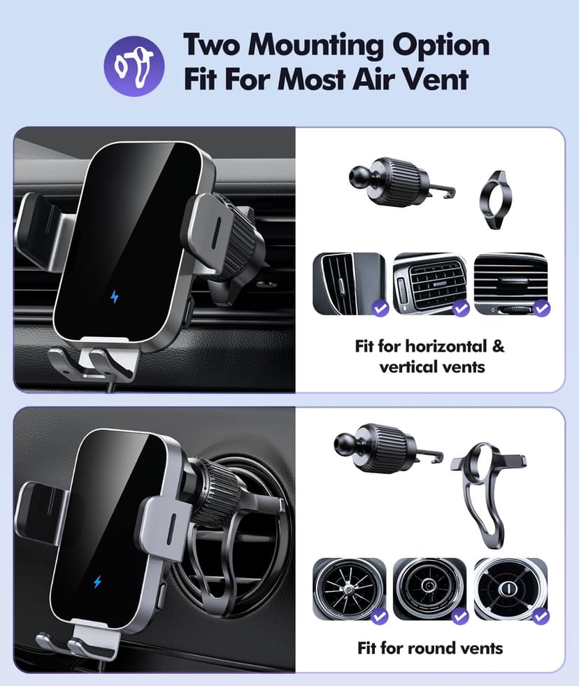ISEYOU Car Phone Holder Wireless Charger, 15W Fast Charging Auto Clamping Wireless Car Charge, 360° Rotation Air Vent Mount With Electric Sensor Compatible For iPhone 16 15 14 Pro Max, Samsung Galaxy - 5