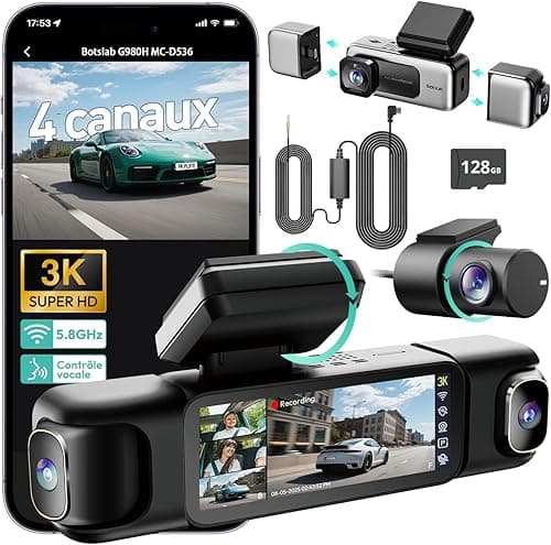 BOTSLAB 4 Canaux Dashcam Voiture,Dashcam 3K/4K Avant et 1080p*3,Caméra Embarquée 560°& 5.8GHz WiFi GPS avec carte SD 128G, Commande Vocale,Vision nocturne, 24H Parking Mode avec Kit de Câblage Incluse
