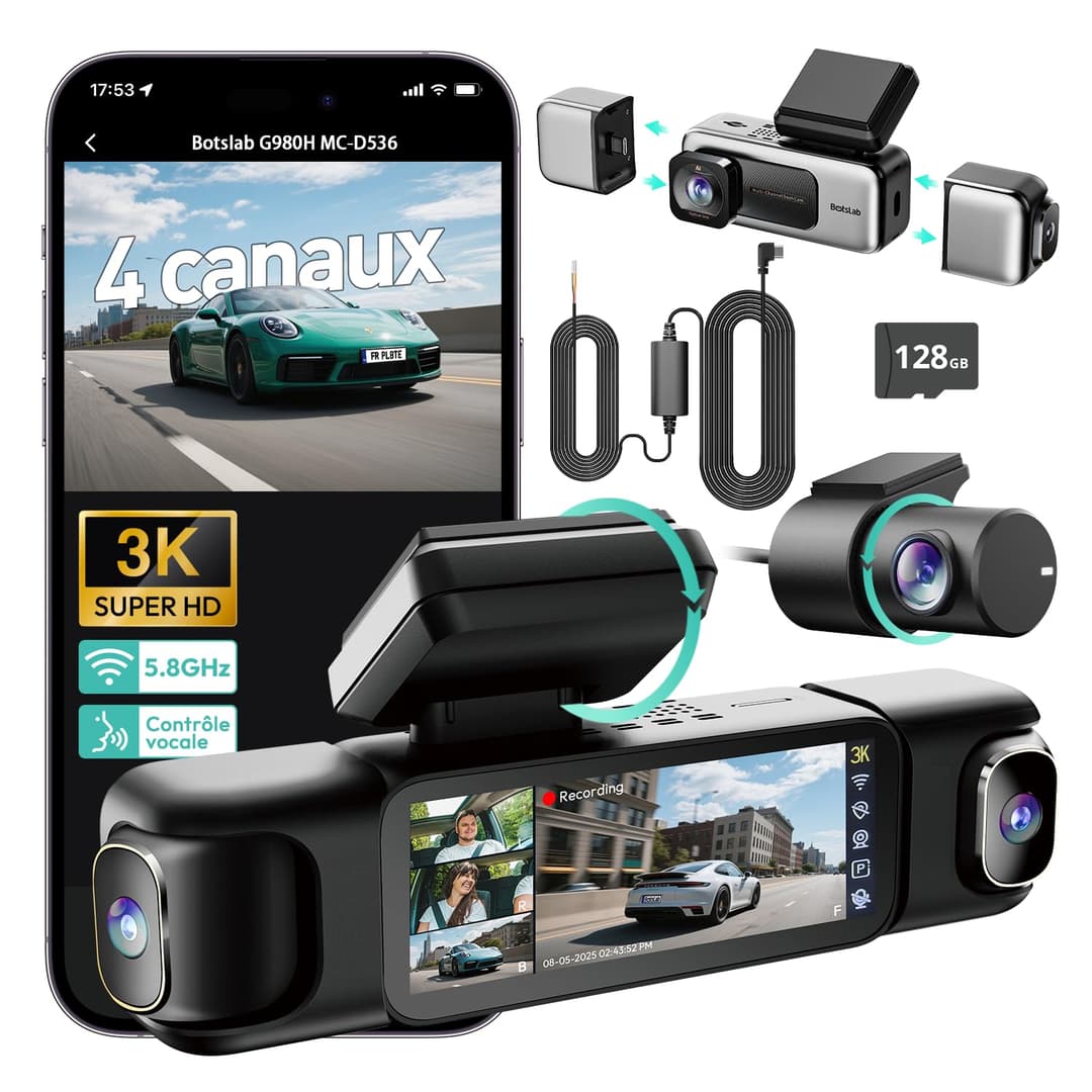 BOTSLAB 4 Canaux Dashcam Voiture,Dashcam 3K/4K Avant et 1080p*3,Caméra Embarquée 560°& 5.8GHz WiFi GPS avec carte SD 128G, Commande Vocale,Vision nocturne, 24H Parking Mode avec Kit de Câblage Incluse