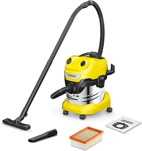 Kärcher WD 4S V-20/5/22 Wet & Dry Vacuum Cleaner, 20L Stainless Steel Reservoir, 1000 W, 5 m Cable, 2.2 m Suction Hose, Clip Floor Nozzle, Pull & Push" Closing System, Yellow