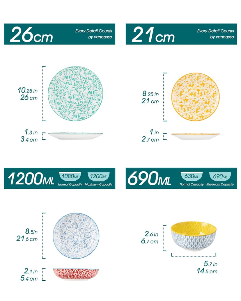 vancasso SELENE Assiettes Service de Table pour 6 Personnes, 24 Pièces, Vaisselle en Porcelaine Pastel - 6 Assiette Plate, à Dessert, Creuses et Bols - Adapté au Micro-Ondes - Style Floral Coloré - 3