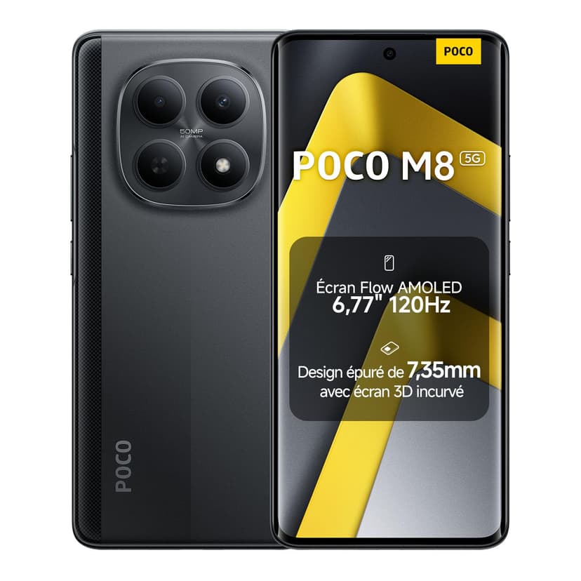 Xiaomi POCO M8, Smartphone 8+512 Go, Écran AMOLED FIow 120Hz de 6,77", Snapdragon® 6 Gen 3, Double caméra AI 50 Mpx, Design élégant incurvé en 3D, Noir, Garantie 2 Ans, Chargeur Non Inclus - 1