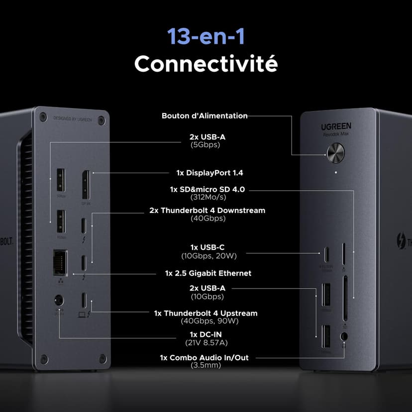 UGREEN Revodok Max 213 Thunderbolt 4 Dock 40Gbps (Dual 4K @ 60Hz, Single 8K Display), 13-in-1 Docking Station 90W Charging for Laptop, 2.5Gbps Ethernet, microSD & SD 4.0, 3.5 mm Aux - 2