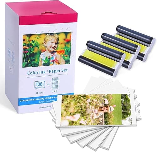 Aken Ink and Paper Set, KP-108IN 3115B001(AA) for Canon Selphy CP Series Photo Printers, 3 Ink Cartridges and 108 Glossy 4x6 inch Photo Papers
