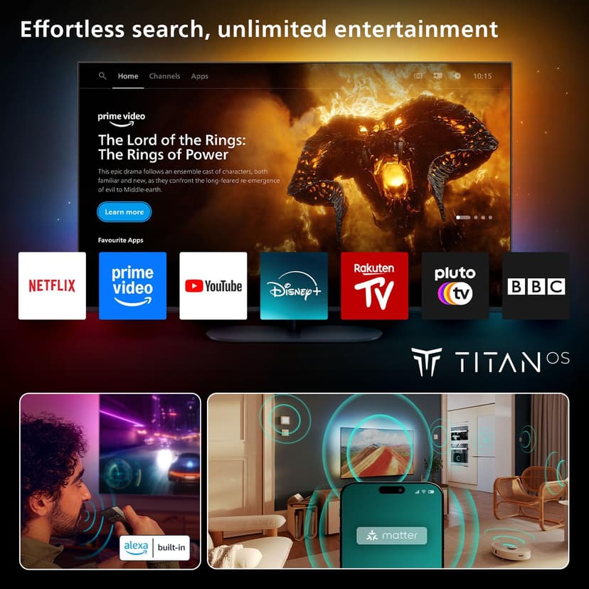 Philips Ambilight 55OLED760 4K OLED Smart TV - 55 Inch Display with P5 AI Perfect Picture Engine, Ultra HD, Titan OS, Dolby Vision and Atmos Sound, Works with Alexa and Google Voice Assistant - 7