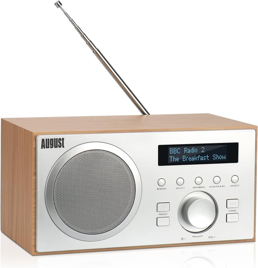 August MB420K DAB/DAB+/FM Radio with Bluetooth Speaker – Digital Radio with 60 Presets, RDS, Dual Alarm Clock with Snooze & Sleep Timer, 5W Subwoofer, USB Playback, Aux Input, Mains Powered – Oak - 1