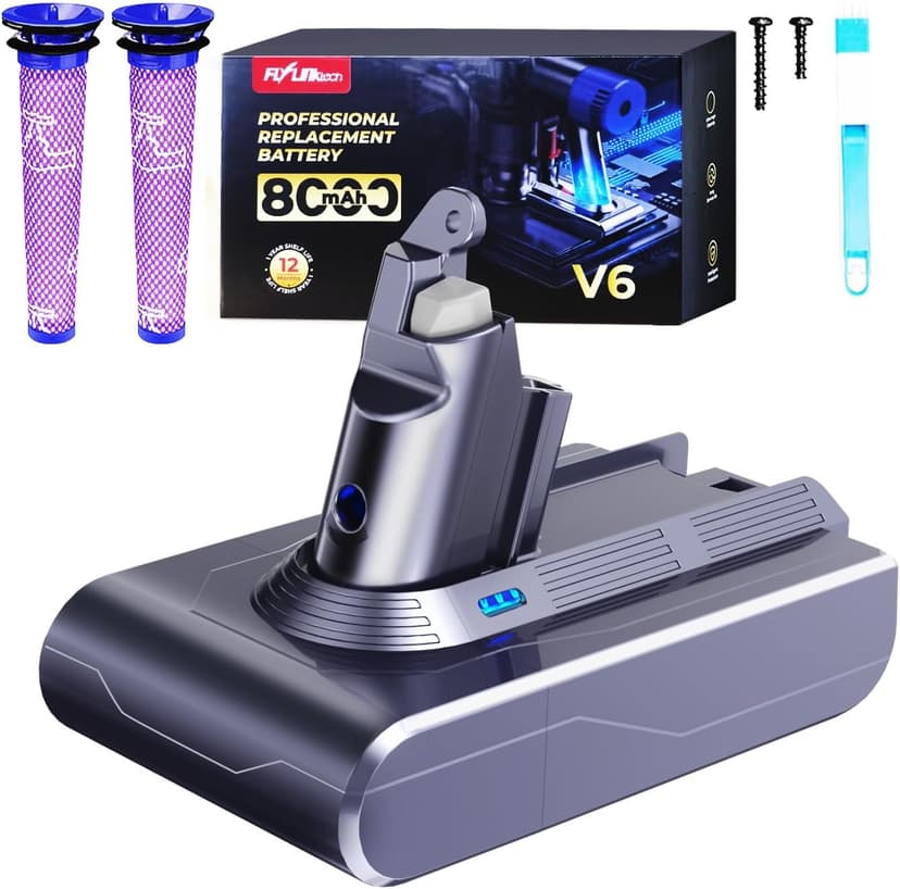 FLYLINKTECH Batterie V8 8,0 Ah pour aspirateur Dyson V8 Absolute/Animal/Fluffy/Motorhead SV10 avec 2 + 1 filtres et 4 vis - 1