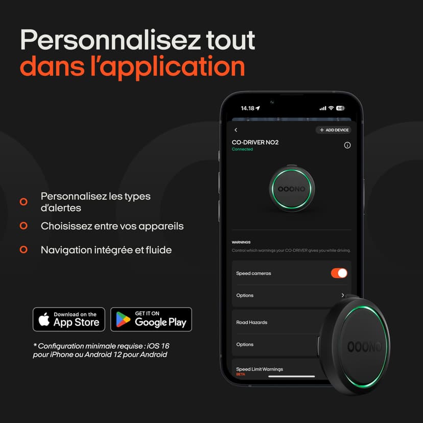 OOONO Co-Driver NO2 – Détecteur de radars avec alertes de radars de Section, de Vitesse et Dangers de la Route – sans Abonnement, Installation Facile, Alertes en Temps Réel, Longue Autonomie - 7