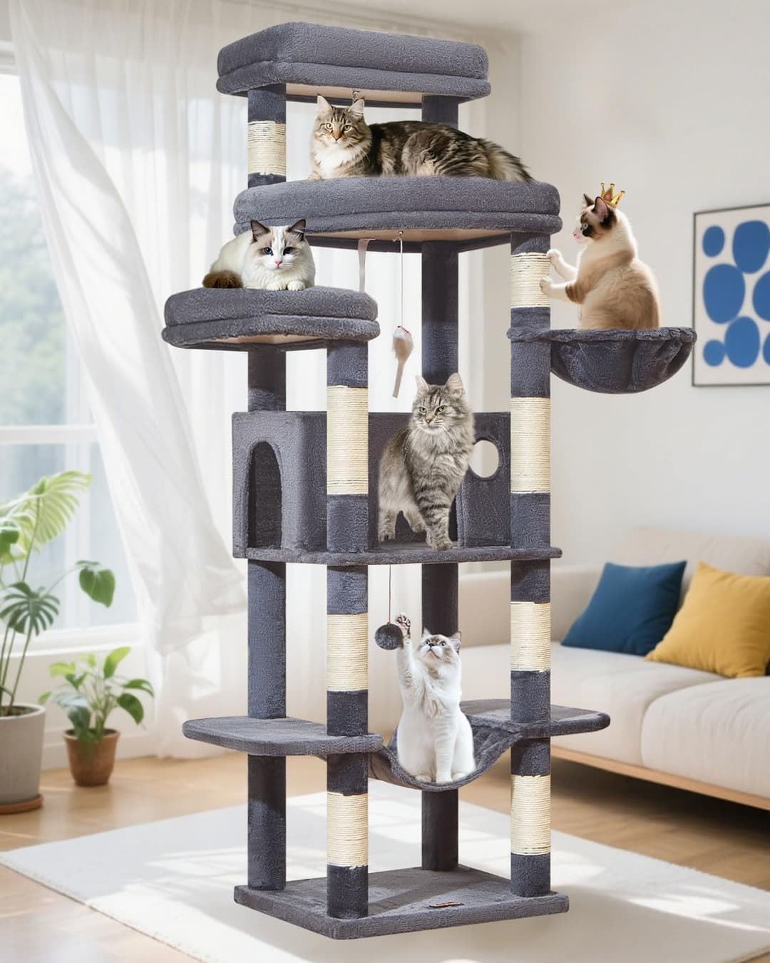 Taoqimiao Cat Tree, 180cm Large Cat Tree for Big Cats Cat Towers for Indoor Cats with 9 Scratching Posts, Spacious Platform, Cozy Hammock, Top Perch, Widened Cat Condo, Smoke Grey MS034G