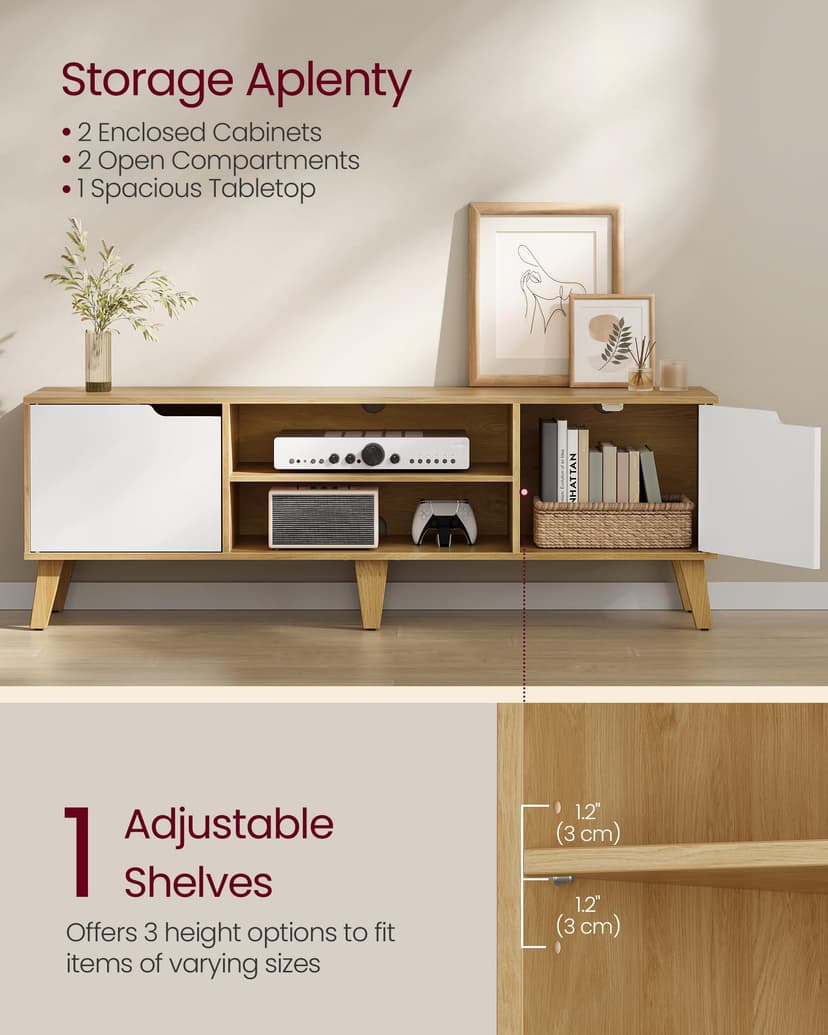VASAGLE TV Stand Unit, Entertainment Center with Adjustable Shelf, for 65 Inch TVs, 147 cm Long Media Console Table, Transitional Style, for Living Room, Bedroom, Natural Oak and Cream White LTV556Y01 - 3