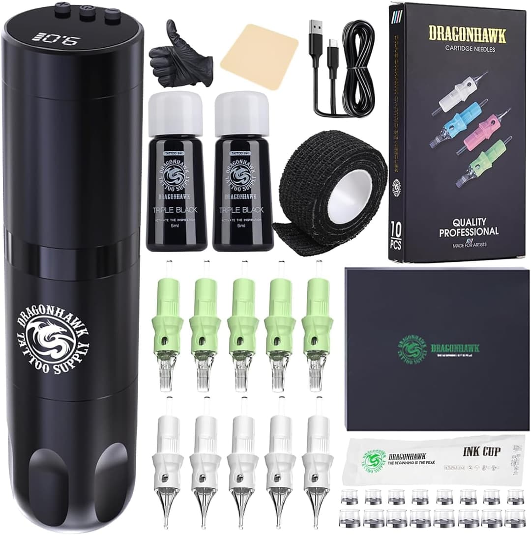 Dragonhawk Tattoo Kit X3 Wireless Tattoo Machine Pen Tattoo Gun with 1500mAh Battery Cartridge Needles Included, Complete Kit for Beginners