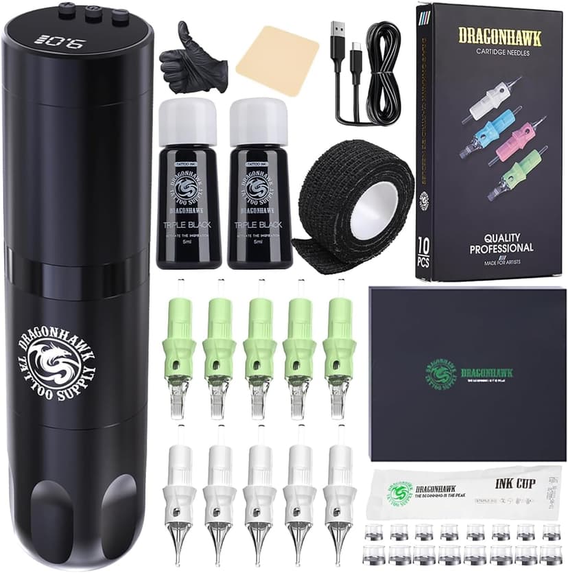 Dragonhawk Tattoo Kit X3 Wireless Tattoo Machine Pen Tattoo Gun with 1500mAh Battery Cartridge Needles Included, Complete Kit for Beginners - 1