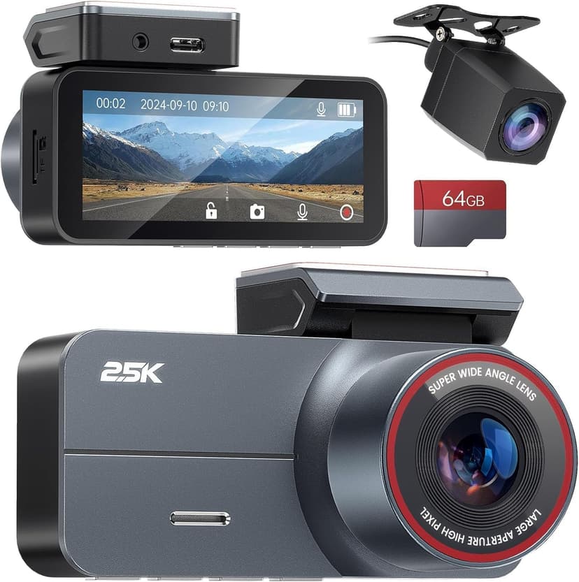 Dash Cam Front and Rear, 2.5K /1080P QHD Dual Dash Camera for Cars, Super Night Vision Dashcam, Loop Recording, 3.39” IPS, 64GB Card Included, 160° Wide Angle, Parking Mode - Black Pro - 1