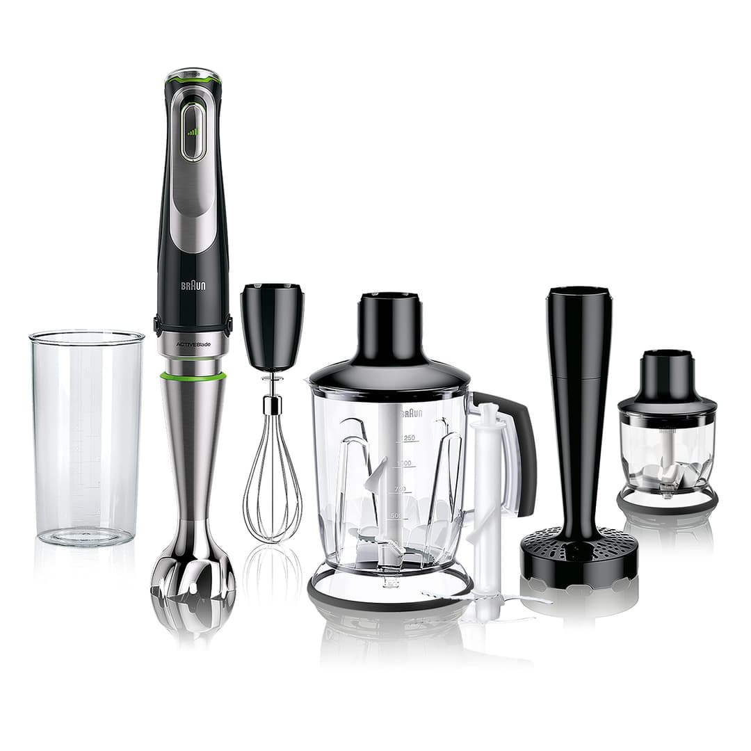 Braun MultiQuick 9 MQ Hand Blender - with Active PowerDrive and SplashControl, incl. Masher, Vegetable Masher, Blender, Chopper & Whisk, 1200 Watt, Black/Stainless Steel