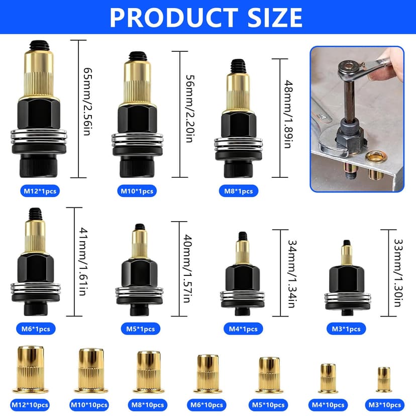 NINGYER 7 Pièces Écrous à Tête de Rivet à Main, Insert Fileté Metal avec 70 Éécrous, pour M3, M4, M5, M6, M8, M10, M12 Pinces à Riveter, Riveteuses Manuelles (7 Tailles) - 2