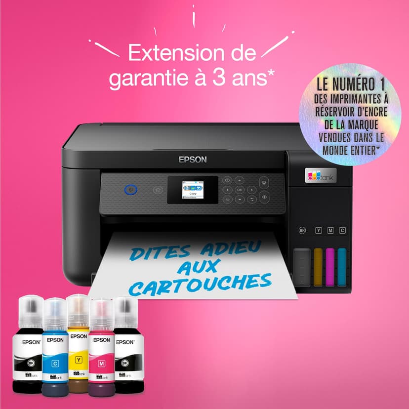 Epson Imprimante EcoTank ET-2851 avec réservoirs, Multifonction 3-en-1: Imprimante recto verso / Scanner / Copieur, A4, Jet d'encre couleur, Wifi Direct, Ecran, Faible coût par page, Compact - 4