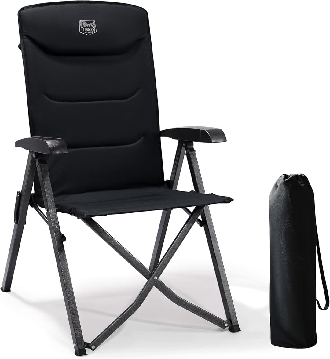 TIMBER RIDGE Camping Chairs for Adults Heavy Duty, Oversized Folding Garden Chair, High Back Outdoor Chair Luxury for Caravan Dining Beach Picnic, Adjustable 4-Position, Support 150kg, Black