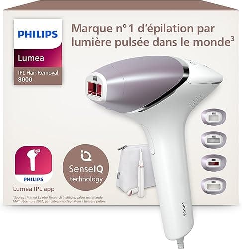 Philips Lumea série 8000, Épilateur à lumière pulsée, alternative à l'épilation laser, technologie SenseIQ, 4 accessoires pour corps, visage, maillot, aisselles, tondeuse-stylo compact, BRI949/00
