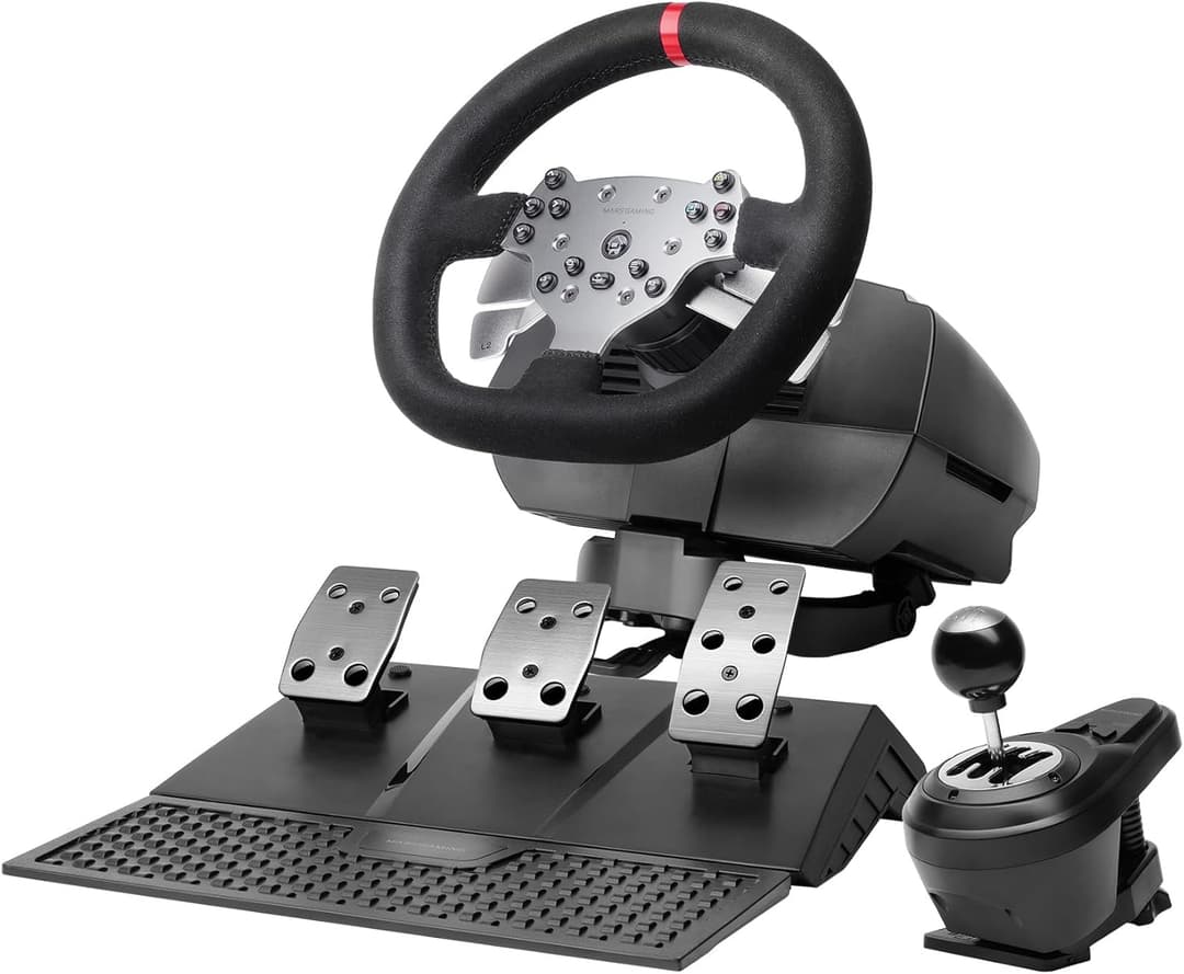 Mars Gaming MWH-RSX, SimRacing Wheel with Force Feedback and Dual Motor, Set of 3 Pedals with Progressive Resistance, H-Shifter with 12 Gears, 14 Customizable Buttons, PC/PS4/Xbox Series X|S
