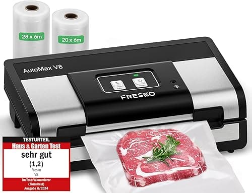 FRESKO Automatic Vacuum Sealer Machine, 140 Watt Food Vacuum Sealer with Double Heat Seal, Built-in Cutter & Bag Storage, Includes 10 pcs Pre-cut Bags and 1 Roll Bag(V6)