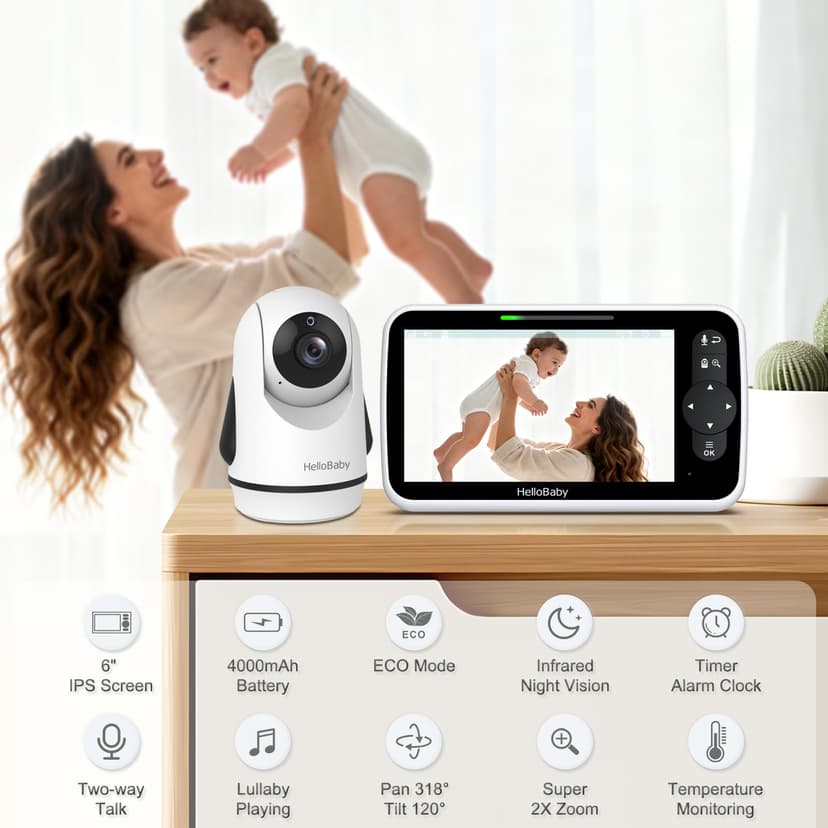 HelloBaby Moniteur Vidéo Bébé 6 Pouces, Grand Écran avec Caméra et Audio, Batterie 4000mAh Mode ECO, Vision Nocturne, sans WiFi, Communication Bidirectionnelle 8 Berceuses, Caméra PTZ à Distance - 2