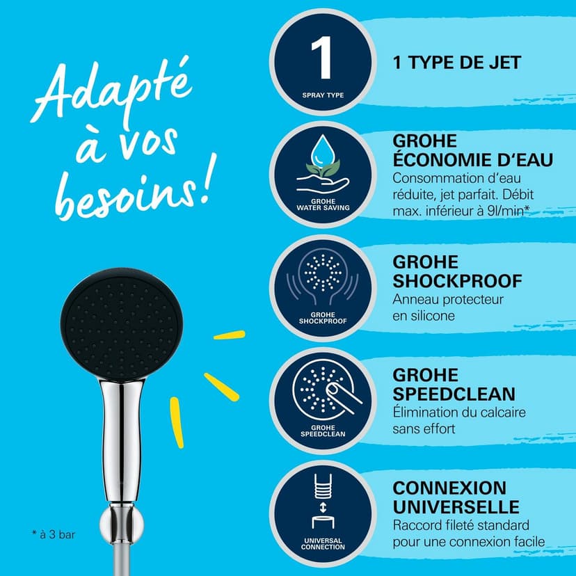 GROHE Vitalio Start 110, Ensemble de Douche avec Douchette Ronde 1 jet, Support de Douche Mural Universel, Flexible 1,75m, Economie d'Eau, A coller avec GROHE QuickGlue ou à visser, Chromé, 27944001 - 3