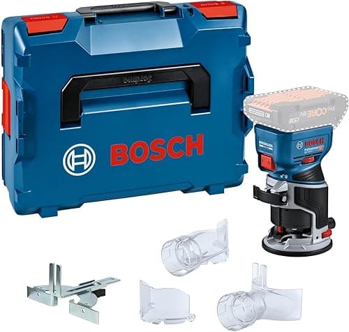 Bosch Professional 18V System Défonceuse portative GKF 18V-8 (butée longitudinale, 2x adaptateurs d’aspiration pour surfaçage, écran de protection, pince 8 mm, clé, L-BOXX, sans batterie/chargeur)