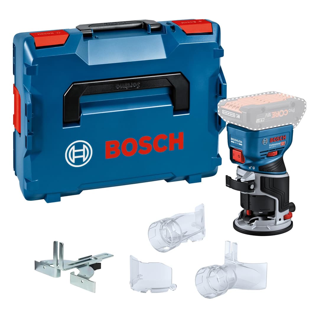 Bosch Professional 18V System Cordless Router GKF 18V-8 (incl. Parallel Guide, 2X Routing vac adaptors, Chip Shield, 8mm Collet, Wrench, L-BOXX, Without Battery/Charger)