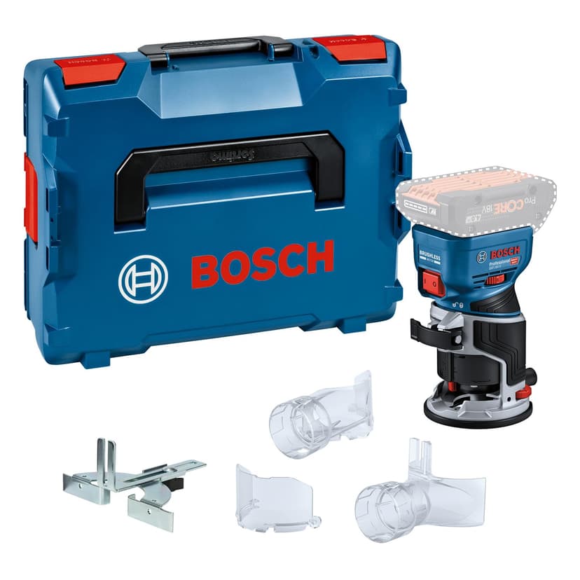 Bosch Professional 18V System Défonceuse portative GKF 18V-8 (butée longitudinale, 2x adaptateurs d’aspiration pour surfaçage, écran de protection, pince 8 mm, clé, L-BOXX, sans batterie/chargeur) - 1