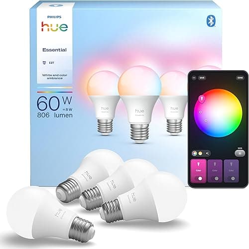 Philips Hue Essential LED A60 Smart Bulb, White and Color Ambiance, E27 Base, 8W, 2200K-6500K, 806 Lumens, Dimmable B22 LED Bulb, Smart Lighting Works with Alexa, Google Assistant, Apple Home, 4 Pack