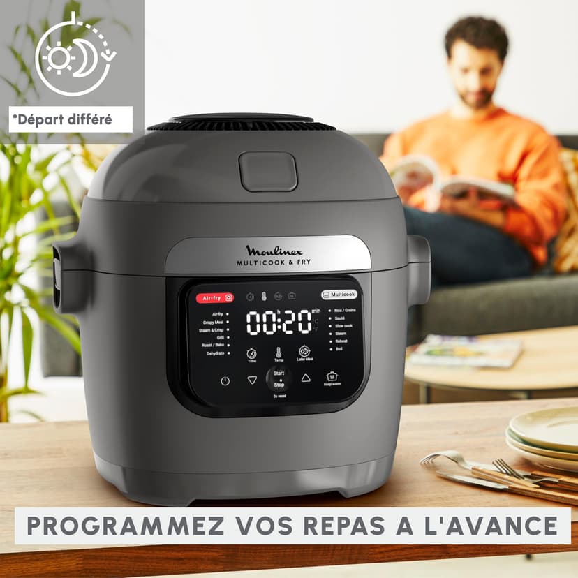 Moulinex Multicook & Fry, multicooker and integrated air fryer, 12 programs, Cooking on 2 levels, Delayed start, Capacity 6L, Grey Hippo, MZ730BF0 - 6