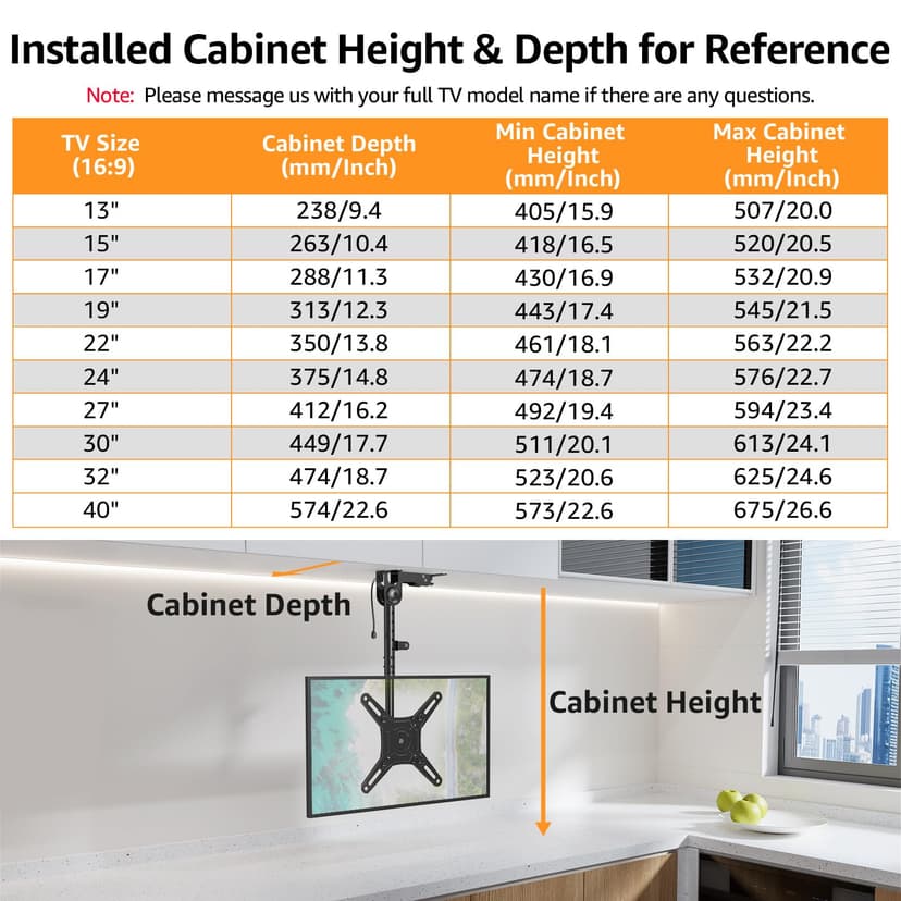 ELIVED Flip Down Ceiling TV Mount Fits 14-42 Inch LCD TV/Monitor Screens up to 10KG, Height Adjustable Full Motion TV Bracket for Flat/Pitched Roof/Cabinet, Max VESA 200x200mm, EV3030 - 7