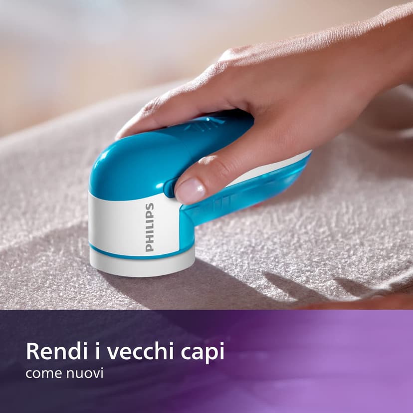 Philips Rasoir Anti Bouloche - Élimination Rapide des Peluches, rase bouloche de 8800 TR/Min, 3 Lames, pour Tous Tissus, bac Facile à Nettoyer, 2 Piles AA, Design Compact, Bleu/Blanc (GC026/00) - 7