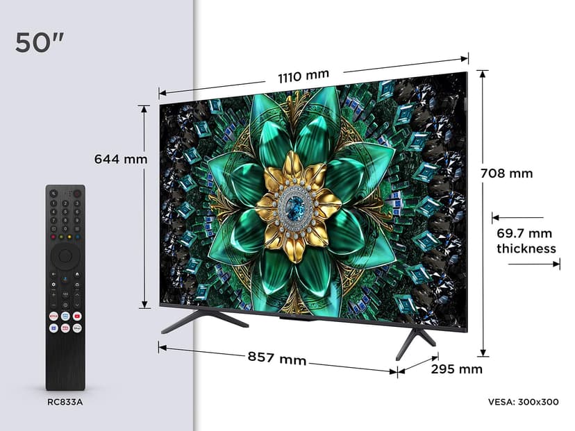 TCL 50Q6C QD-Mini LED TV, 4K HDR Premium 1000nits, Smart TV alimenté par Google (Dolby Vision IQ et Atmos, système Audio Onkyo 2.1, Motion Clarity Pro 144Hz, contrôle Vocal Mains Libres) - 2