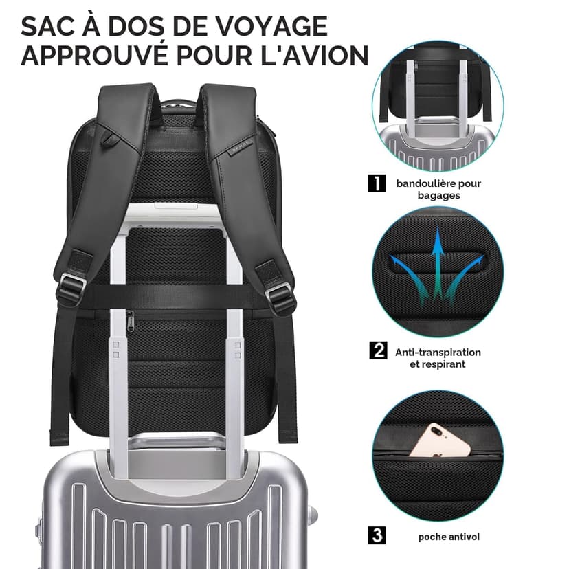 BANGE Sac à dos judicieux pour ordinateur portable de 15,6", sac professionnel pour homme et femme, noir, Large - 5